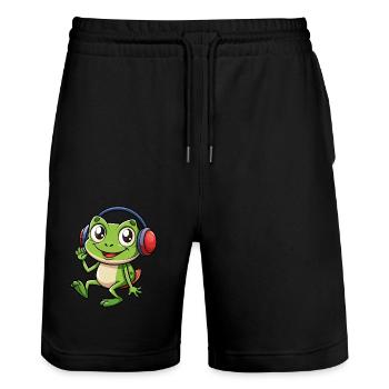 Frog Funny Cartoon Character Headphone Music - Stanley/Stella Trainer Unisex Organic Jogging Shorts - black - Front - Nik (191cm) & Marisol (170cm)