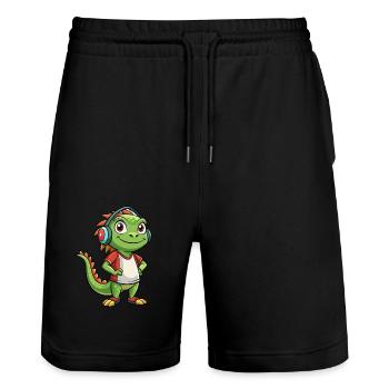 Iguana Funny Cartoon Character Headphone Music - Stanley/Stella Trainer Unisex Organic Jogging Shorts - black - Front - Nik (191cm) & Marisol (170cm)
