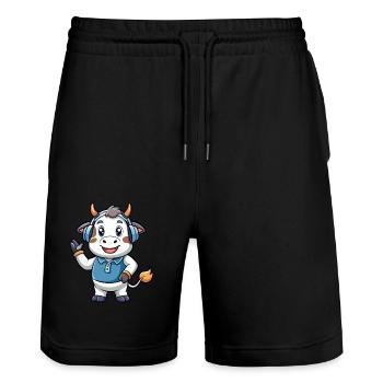 vache drôle dessin animé personnage casque musique - Short de jogging bio TRAINER Stanley/Stella unisexe - noir - Devant - Nik (191cm) & Marisol (170cm)