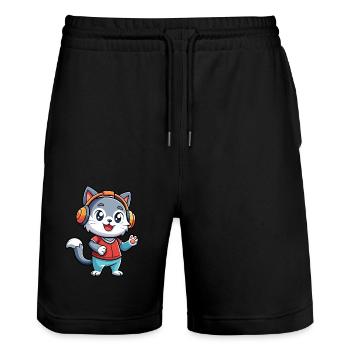 Cat Funny Cartoon Character Headphone Music - Stanley/Stella Trainer Unisex Organic Jogging Shorts - black - Front - Nik (191cm) & Marisol (170cm)