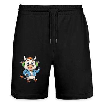 Kuh Lustige Zeichentrickfigur Kopfhörer Musik - Stanley/Stella Unisex Bio Joggingshorts Trainer  - Schwarz - Vorne - Nik (191cm) & Marisol (170cm)