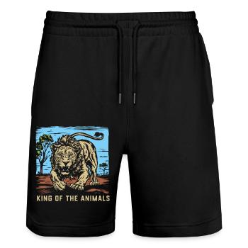 African Lion 2024 03 - Stanley/Stella Trainer Unisex Organic Jogging Shorts - black - Front - Nik (191cm) & Marisol (170cm)