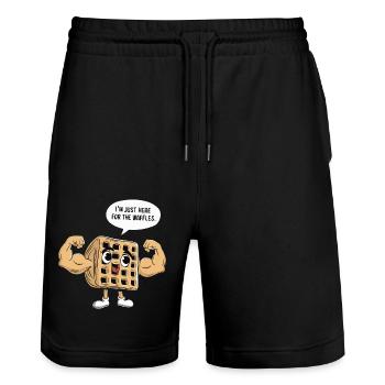 Ich bin nur hier wegen der Waffeln - Stanley/Stella Unisex Bio Joggingshorts Trainer  - Schwarz - Vorne - Nik (191cm) & Marisol (170cm)