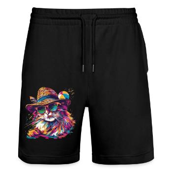 Katze mit Strandhut Sommer - Stanley/Stella Unisex Bio Joggingshorts Trainer  - Schwarz - Vorne - Nik (191cm) & Marisol (170cm)