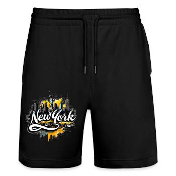 New York City – Skyline, Statue of Liberty and Taxis - Stanley/Stella Trainer Unisex Organic Jogging Shorts - black - Front - Nik (191cm) & Marisol (170cm)