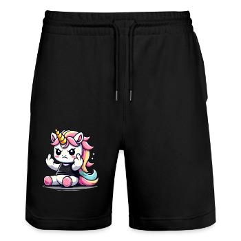 Rebellious Unicorn Flipping Off - Stanley/Stella Trainer Unisex Organic Jogging Shorts - black - Front - Nik (191cm) & Marisol (170cm)