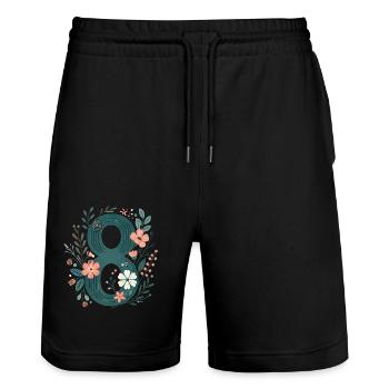 Blumen Zahl 8 Design - Stanley/Stella Unisex Bio Joggingshorts Trainer  - Schwarz - Vorne - Nik (191cm) & Marisol (170cm)