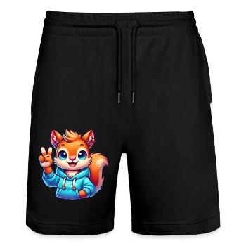 Peaceful Cartoon Squirrel in Hoodie - Stanley/Stella Trainer Unisex Organic Jogging Shorts - black - Front - Nik (191cm) & Marisol (170cm)