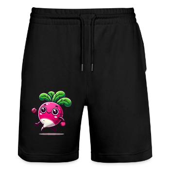 Happy Cartoon Radish Character - Stanley/Stella Trainer Unisex Organic Jogging Shorts - black - Front - Nik (191cm) & Marisol (170cm)