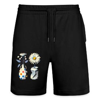Marguerites vintage dans des vases originaux - Short de jogging bio TRAINER Stanley/Stella unisexe - noir - Devant - Nik (191cm) & Marisol (170cm)