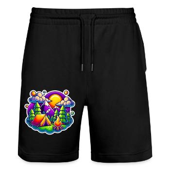 Funny Camping Mountains Tent Scene - Stanley/Stella Trainer Unisex Organic Jogging Shorts - black - Front - Nik (191cm) & Marisol (170cm)
