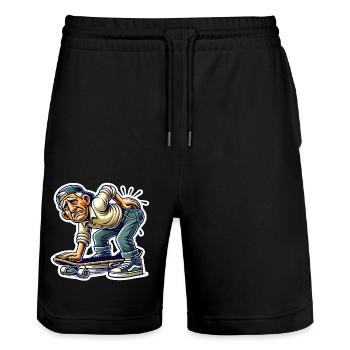 Funny Older Skater Cartoon Design - Stanley/Stella Trainer Unisex Organic Jogging Shorts - black - Front - Nik (191cm) & Marisol (170cm)