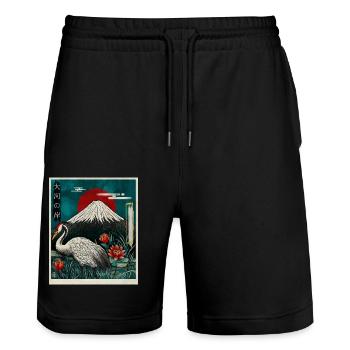 Grue couronnée rouge et mont Fuji - Short de jogging bio TRAINER Stanley/Stella unisexe - noir - Devant - Nik (191cm) & Marisol (170cm)