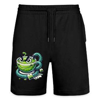 Funny Mischievous Teacup Cartoon - Stanley/Stella Trainer Unisex Organic Jogging Shorts - black - Front - Nik (191cm) & Marisol (170cm)