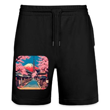 Visite du monde des cerisiers en fleurs du temple de Tokyo - Short de jogging bio TRAINER Stanley/Stella unisexe - noir - Devant - Nik (191cm) & Marisol (170cm)