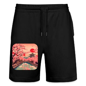 Visite du monde des cerisiers en fleurs du temple de Tokyo - Short de jogging bio TRAINER Stanley/Stella unisexe - noir - Devant - Nik (191cm) & Marisol (170cm)