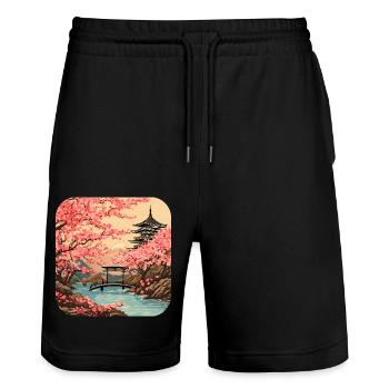 Visite du monde des cerisiers en fleurs du temple de Tokyo - Short de jogging bio TRAINER Stanley/Stella unisexe - noir - Devant - Nik (191cm) & Marisol (170cm)