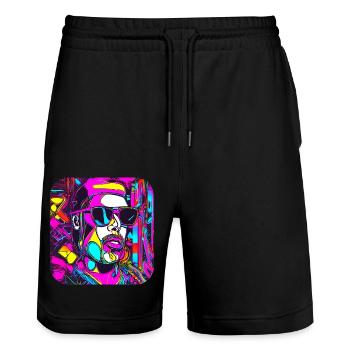 Neon Style UV Glow Party Trend - Stanley/Stella Unisex Bio Joggingshorts Trainer  - Schwarz - Vorne - Nik (191cm) & Marisol (170cm)