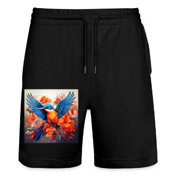 Kingfisher, hummingbird, hibiscus, flowers, colorful, painting - Stanley/Stella Trainer Unisex Organic Jogging Shorts - black - Front - Nik (191cm) & Marisol (170cm)