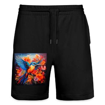 Eisvogel,Kolibri, Hibiskus,Blumen,bunt,malerei - Stanley/Stella Unisex Bio Joggingshorts Trainer  - Schwarz - Vorne - Nik (191cm) & Marisol (170cm)