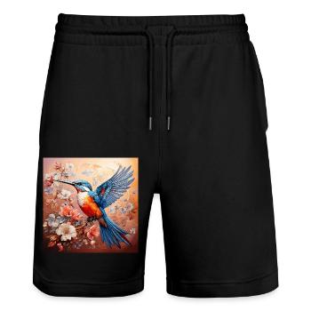 Kingfisher, hummingbird, hibiscus, flowers, pastel, painting - Stanley/Stella Trainer Unisex Organic Jogging Shorts - black - Front - Nik (191cm) & Marisol (170cm)