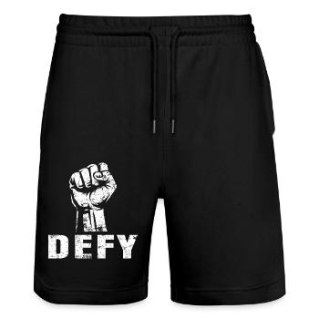 DEFY – Fist of Resistance - Stanley/Stella Unisex Bio Joggingshorts Trainer  - Schwarz - Vorne - Nik (191cm) & Marisol (170cm)