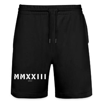 Chiffre romain année de naissance Fabriqué en 2023 - Short de jogging bio TRAINER Stanley/Stella unisexe - noir - Devant - Nik (191cm) & Marisol (170cm)