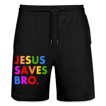 Jesus saves bro - Stanley/Stella Trainer Unisex Organic Jogging Shorts - black - Front - Nik (191cm) & Marisol (170cm)