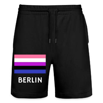 Genderfluid Pride Flagge Berlin - Stanley/Stella Unisex Bio Joggingshorts Trainer  - Schwarz - Vorne - Nik (191cm) & Marisol (170cm)