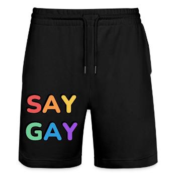 SAG GAY Regenbogen Stolz Text - Stanley/Stella Unisex Bio Joggingshorts Trainer  - Schwarz - Vorne - Nik (191cm) & Marisol (170cm)