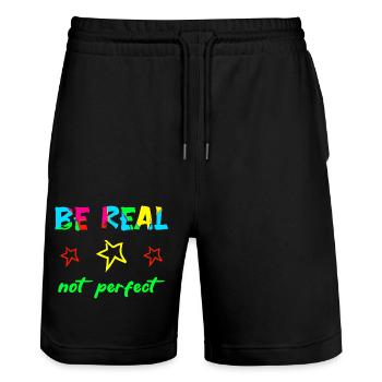 BE REAL - NOT PERFECT - Selbstvertrauen Mut Kraft - Stanley/Stella Unisex Bio Joggingshorts Trainer  - Schwarz - Vorne - Nik (191cm) & Marisol (170cm)