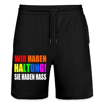 wir haben haltung sie haben hass - Stanley/Stella Unisex Bio Joggingshorts Trainer  - Schwarz - Vorne - Nik (191cm) & Marisol (170cm)