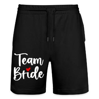Team Bride I Junggesellinnen JGA Hochzeit - Stanley/Stella Unisex Bio Joggingshorts Trainer  - Schwarz - Vorne - Nik (191cm) & Marisol (170cm)