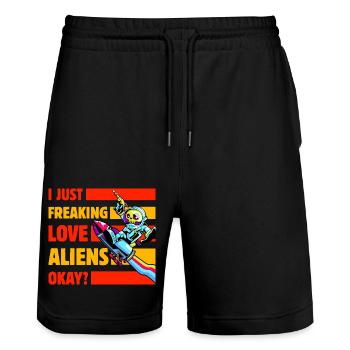 I just freaking love Aliens okay? - Stanley/Stella Unisex Bio Joggingshorts Trainer  - Schwarz - Vorne - Nik (191cm) & Marisol (170cm)
