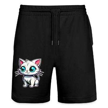 Chat blanc mignon aux yeux bleus - Short de jogging bio TRAINER Stanley/Stella unisexe - noir - Devant - Nik (191cm) & Marisol (170cm)