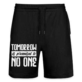 Tomorrow is Promised to No One - Thoughtful Design - Stanley/Stella Trainer Unisex Organic Jogging Shorts - black - Front - Nik (191cm) & Marisol (170cm)