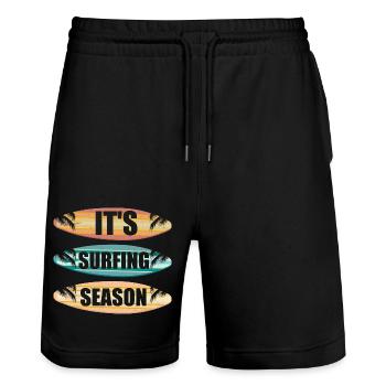 It's Surfing Season Summer Surfer Surfboard - Stanley/Stella Trainer Unisex Organic Jogging Shorts - black - Front - Nik (191cm) & Marisol (170cm)