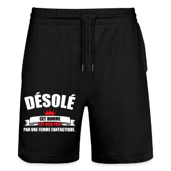 sorry this man is already taken - Stanley/Stella Trainer Unisex Organic Jogging Shorts - black - Front - Nik (191cm) & Marisol (170cm)