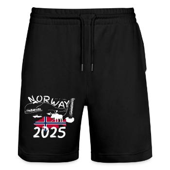 Norwegen 2025 Rotbarsch mit Bergen und Elch Angeln - Stanley/Stella Unisex Bio Joggingshorts Trainer  - Schwarz - Vorne - Nik (191cm) & Marisol (170cm)