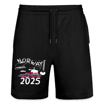 Norwegen 2025 Makrelen mit Bergen und Elch Angeln - Stanley/Stella Unisex Bio Joggingshorts Trainer  - Schwarz - Vorne - Nik (191cm) & Marisol (170cm)