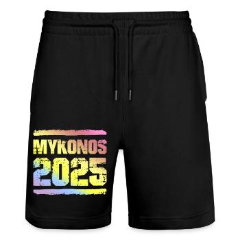 Mykonos 2025 Bunt - Stanley/Stella Unisex Bio Joggingshorts Trainer  - Schwarz - Vorne - Nik (191cm) & Marisol (170cm)