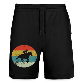 Pferd Geschenk Reiter Retro - Stanley/Stella Unisex Bio Joggingshorts Trainer  - Schwarz - Vorne - Nik (191cm) & Marisol (170cm)