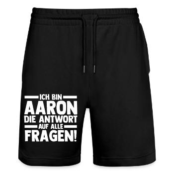 First name Aaron - Stanley/Stella Trainer Unisex Organic Jogging Shorts - black - Front - Nik (191cm) & Marisol (170cm)