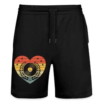 Vintage Herz mit Schallplatte – Retro Musik Design - Stanley/Stella Unisex Bio Joggingshorts Trainer  - Schwarz - Vorne - Nik (191cm) & Marisol (170cm)