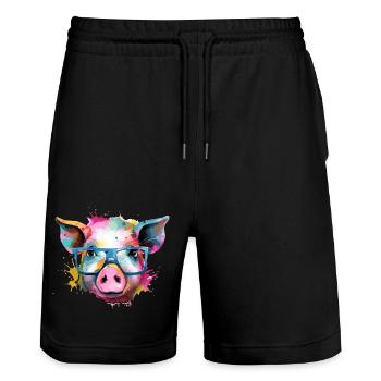 Jim the pig - Stanley/Stella Trainer Unisex Organic Jogging Shorts - black - Front - Nik (191cm) & Marisol (170cm)