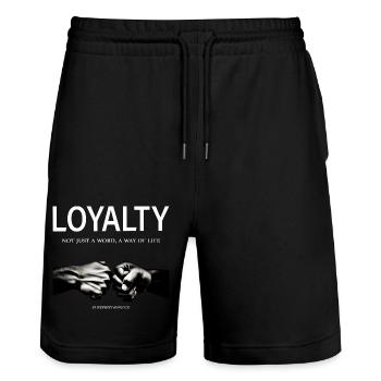 LOYALTY NOT JUST A WORD A WAY OF LIFE - Stanley/Stella Trainer Unisex Organic Jogging Shorts - black - Front - Nik (191cm) & Marisol (170cm)