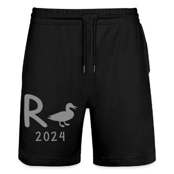 Rente 2024 Sarkasmus Rentner Ente - Stanley/Stella Unisex Bio Joggingshorts Trainer  - Schwarz - Vorne - Nik (191cm) & Marisol (170cm)