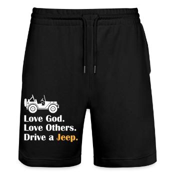 Love God Love Others Drive A Jeeps - Stanley/Stella Unisex Bio Joggingshorts Trainer  - Schwarz - Vorne - Nik (191cm) & Marisol (170cm)