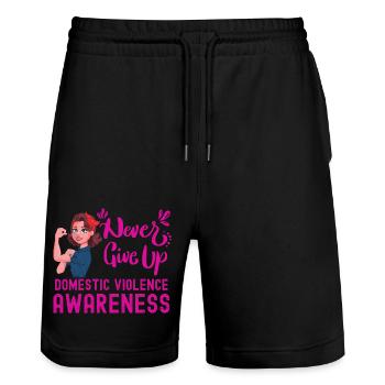 Never give up domestic violence awareness - Stanley/Stella Trainer Unisex Organic Jogging Shorts - black - Front - Nik (191cm) & Marisol (170cm)