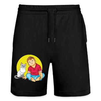 Boy is talking to a Siamese cat - Stanley/Stella Trainer Unisex Organic Jogging Shorts - black - Front - Nik (191cm) & Marisol (170cm)
